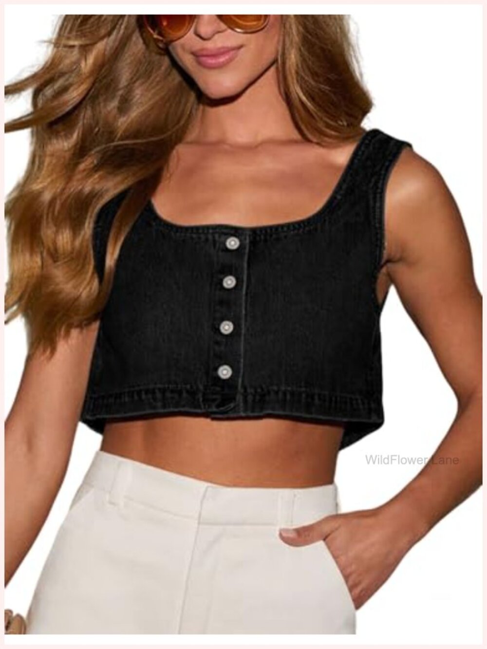 Limerose Women's Reversible Denim Tank Top Button Front Crop Sleeveless Cami